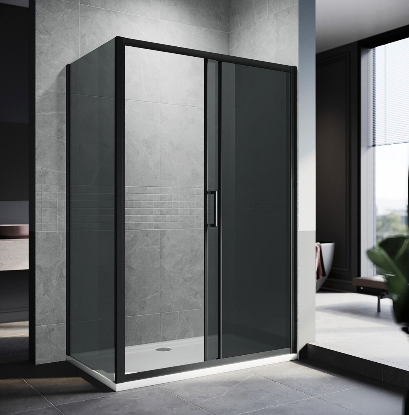 NILE Black Sliding Shower with Side Panel 8mm Easy Clean Nano Glass 1200mm x 900mm