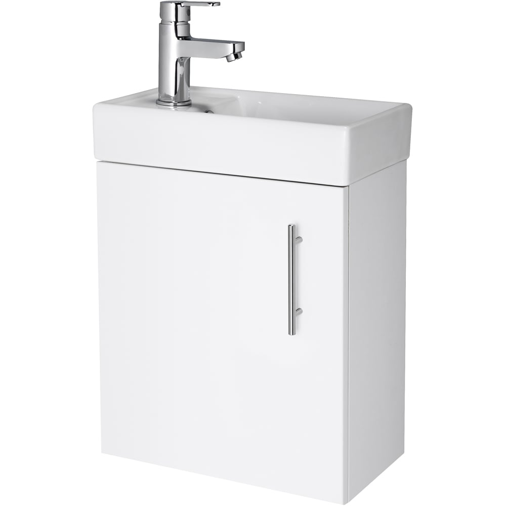 nuie Vault Single Door Gloss White Wall Hung Compact Vanity Unit with Ceramic Basin 400mm