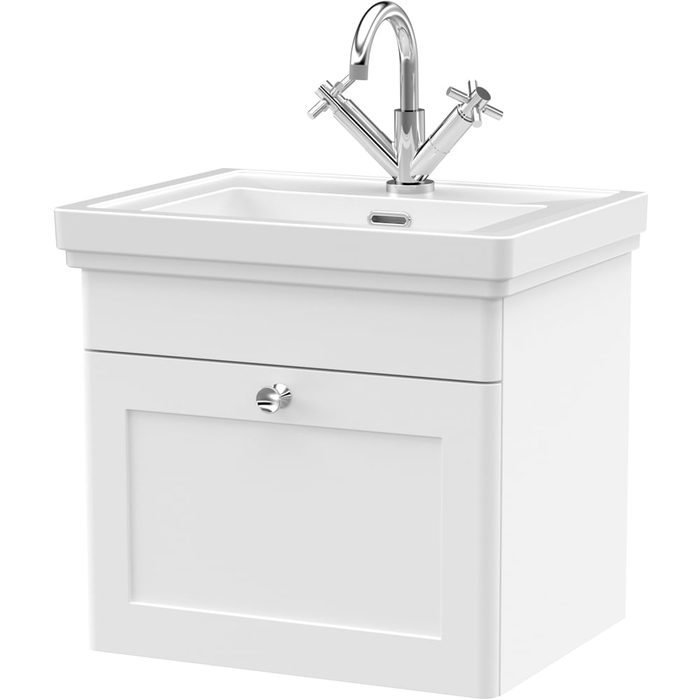 nuie Classique 1 Drawer Satin White Wall Hung Vanity Unit and 1 Tap Hole Fireclay Basin 500mm