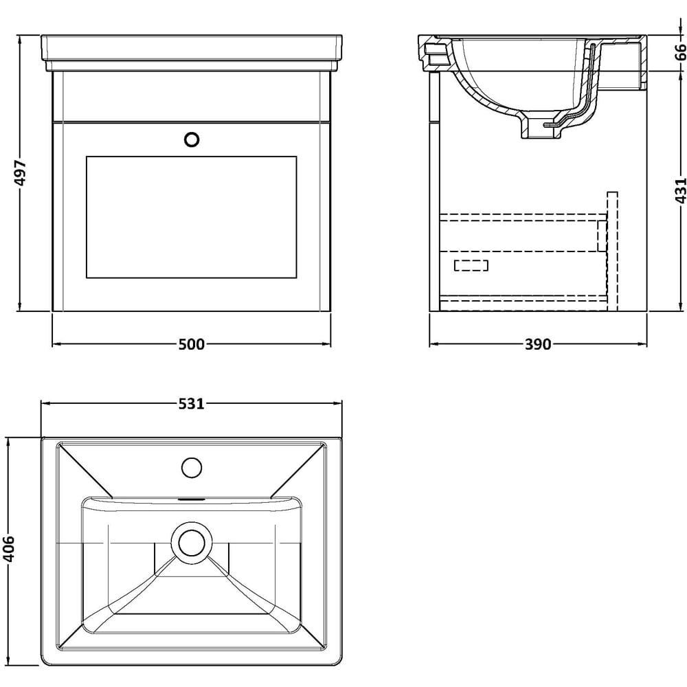 nuie Classique 1 Drawer Satin White Wall Hung Vanity Unit and 1 Tap Hole Fireclay Basin 500mm