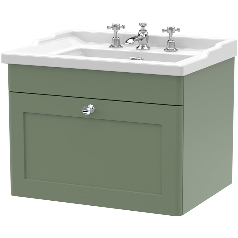 nuie Classique Single Drawer Satin Green Wall Hung Unit and 3 Tap Hole Fireclay Basin 600mm
