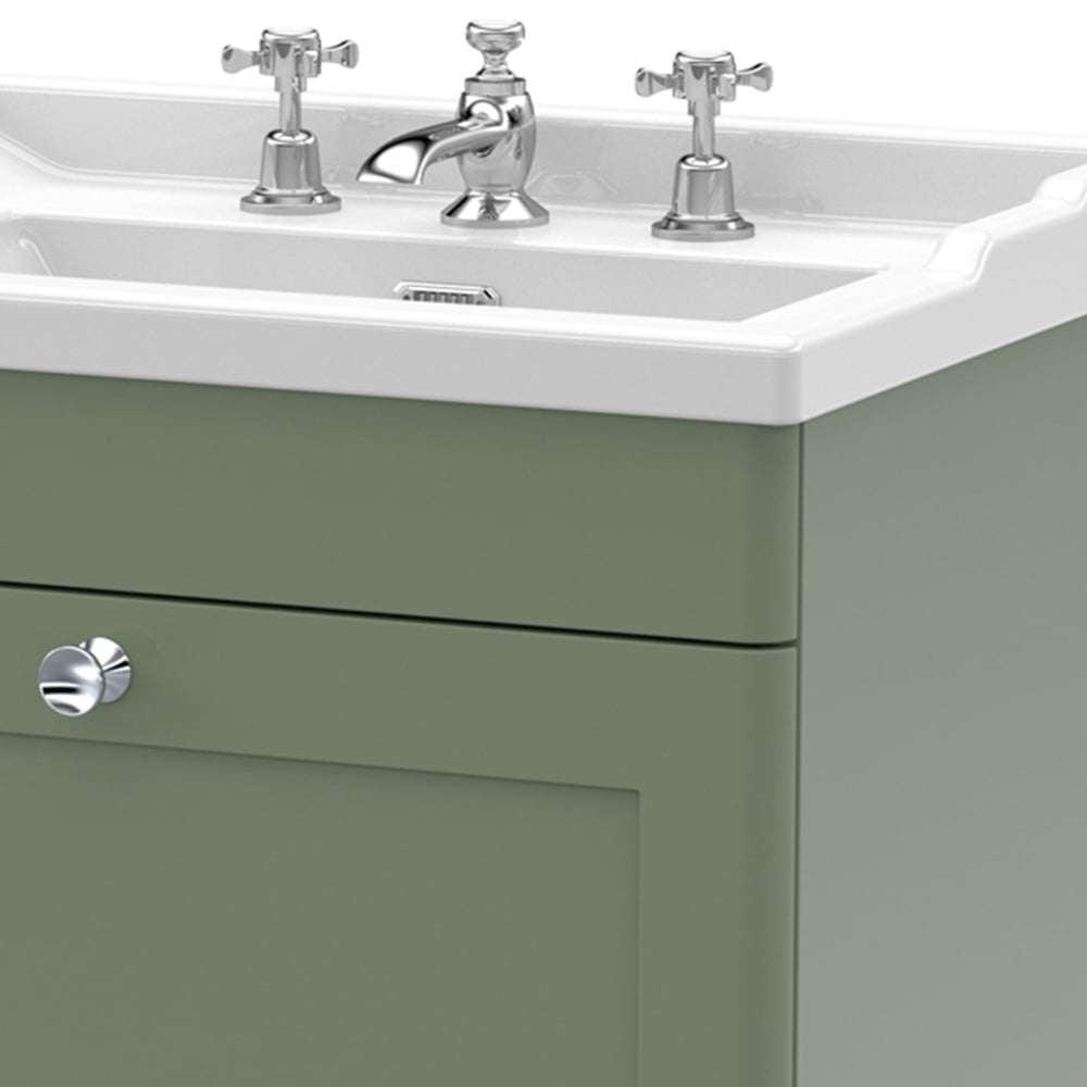 nuie Classique Single Drawer Satin Green Wall Hung Unit and 3 Tap Hole Fireclay Basin 600mm