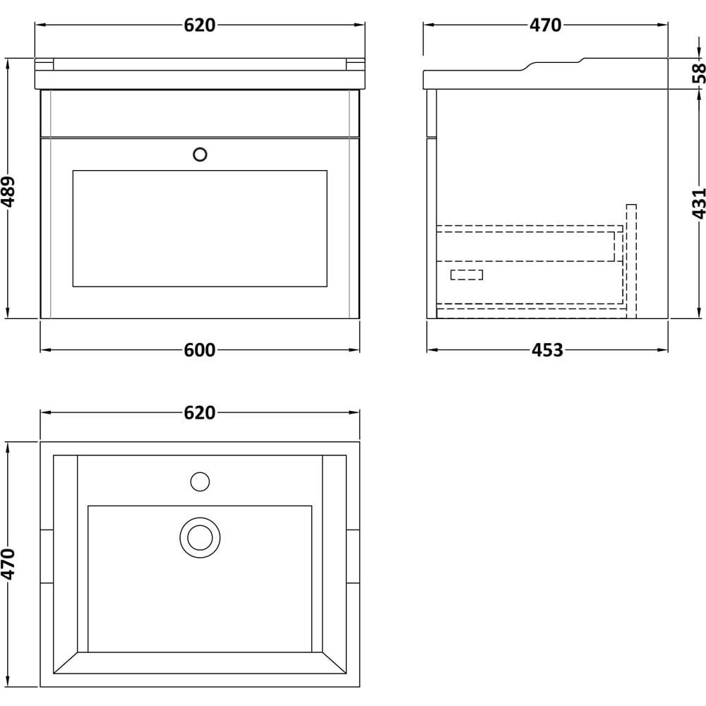 nuie Classique Single Drawer Satin Green Wall Hung Unit and 3 Tap Hole Fireclay Basin 600mm