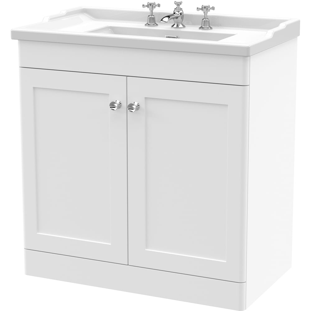 nuie Classique 2 Door Satin White Floor Standing Unit and 3 Tap Hole Fireclay Basin 800mm