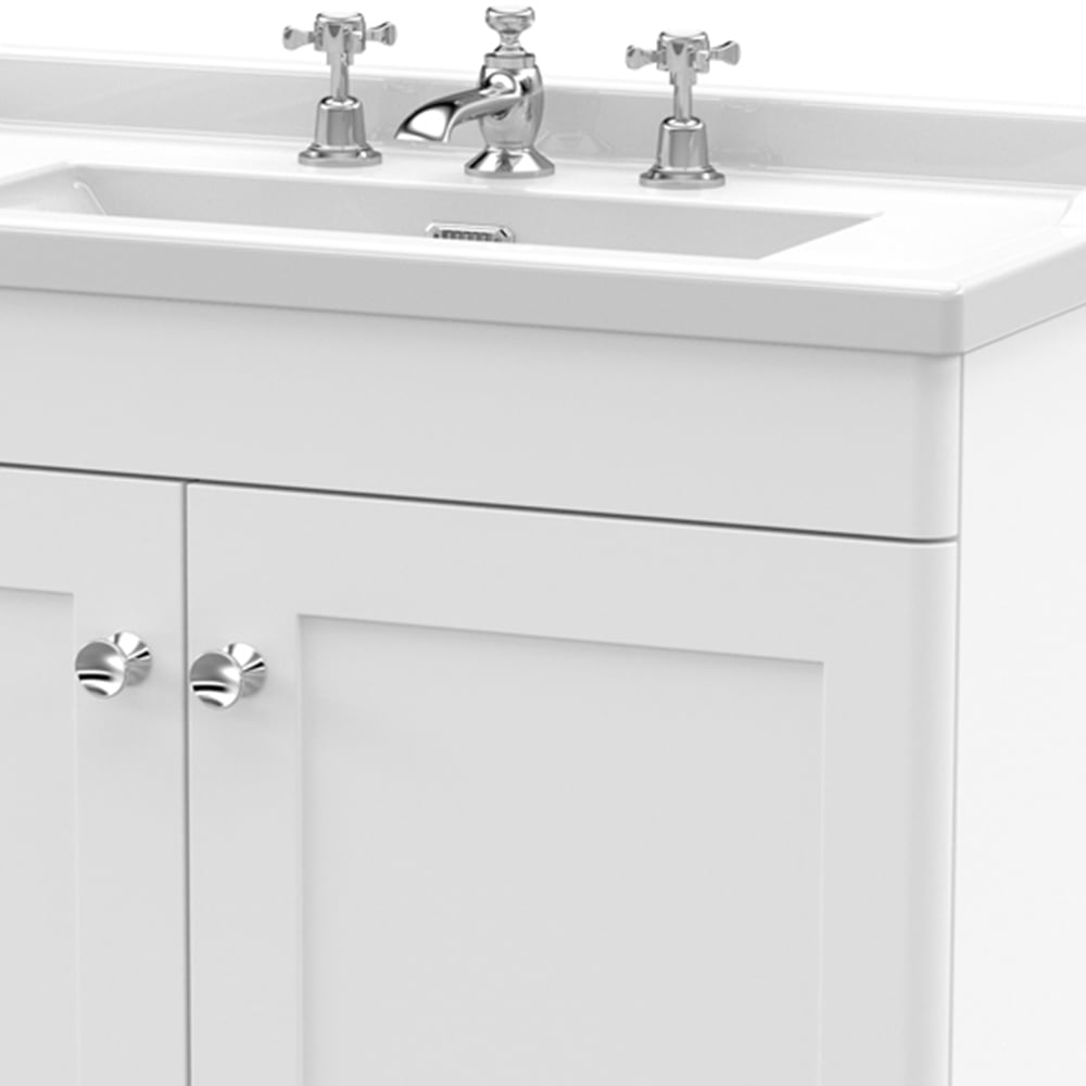 nuie Classique 2 Door Satin White Floor Standing Unit and 3 Tap Hole Fireclay Basin 800mm