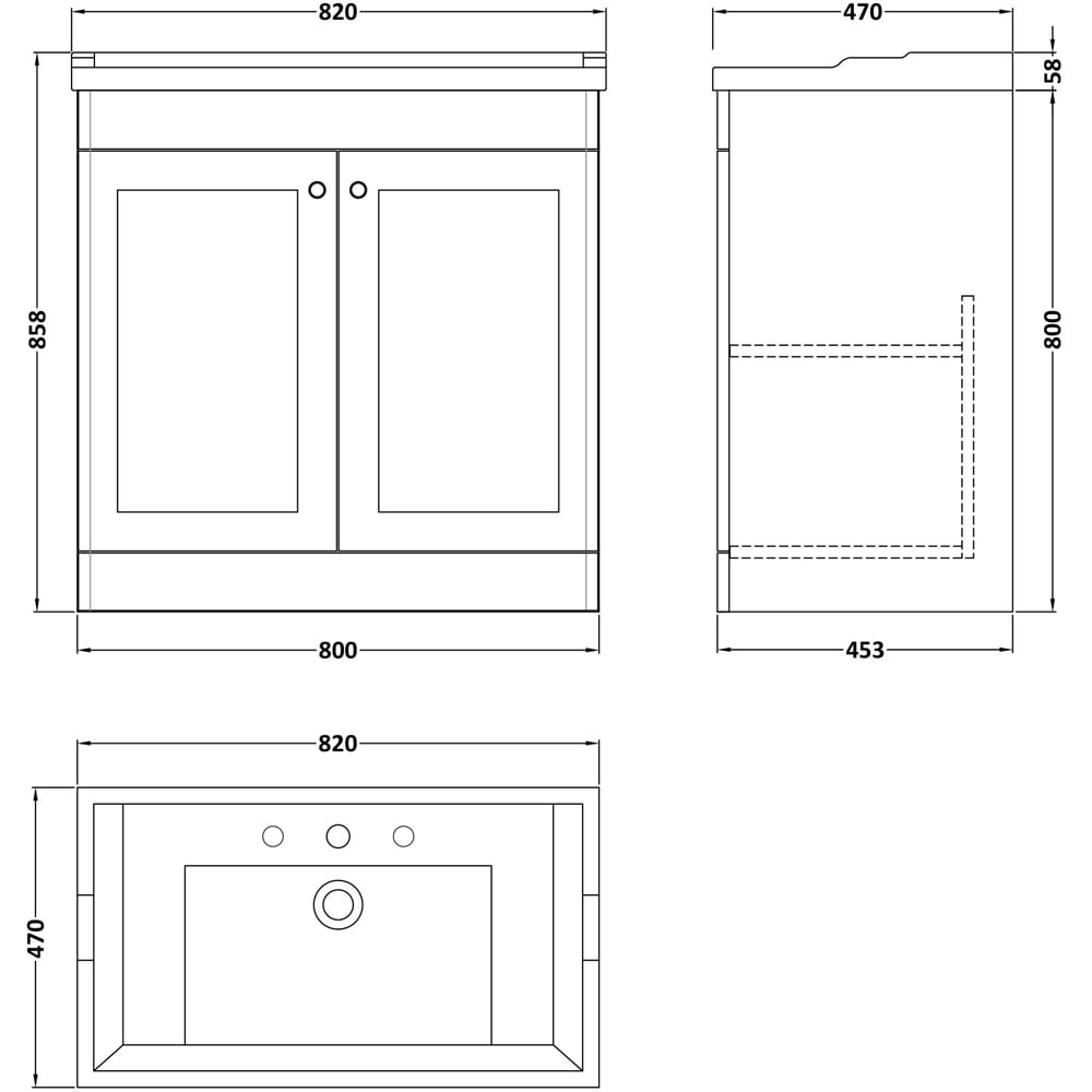 nuie Classique 2 Door Satin White Floor Standing Unit and 3 Tap Hole Fireclay Basin 800mm