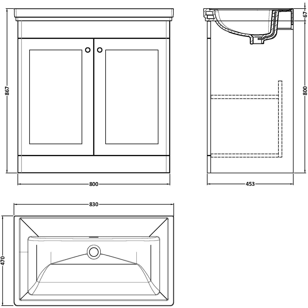 nuie Classique 2 Door Satin Grey Floor Standing Unit and 0 Tap Hole Fireclay Basin 800mm