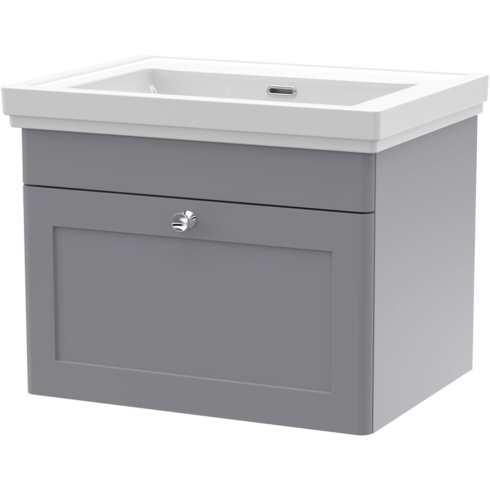 nuie Classique Single Drawer Satin Grey Wall Hung Unit and 0 Tap Hole Fireclay Basin 600mm
