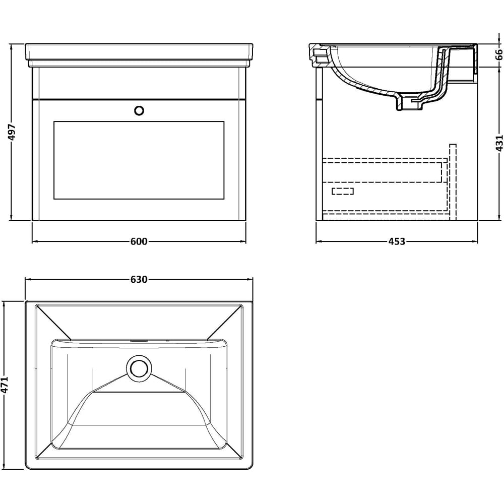 nuie Classique Single Drawer Satin Grey Wall Hung Unit and 0 Tap Hole Fireclay Basin 600mm