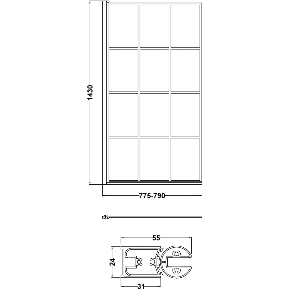 nuie Matt Black Square Framed Bath Screen 785mm