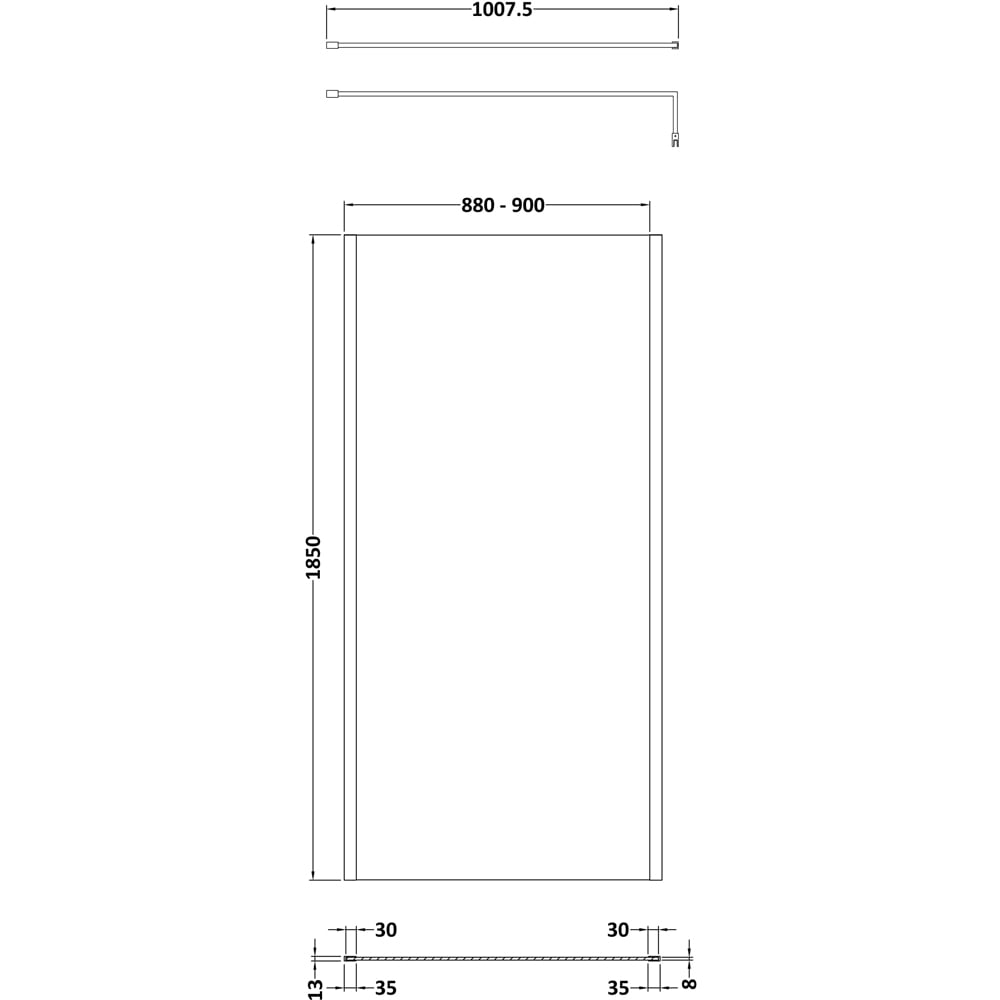 nuie Matt Black Outer Framed Wetroom Screen with Support Bar 1850 x 900mm