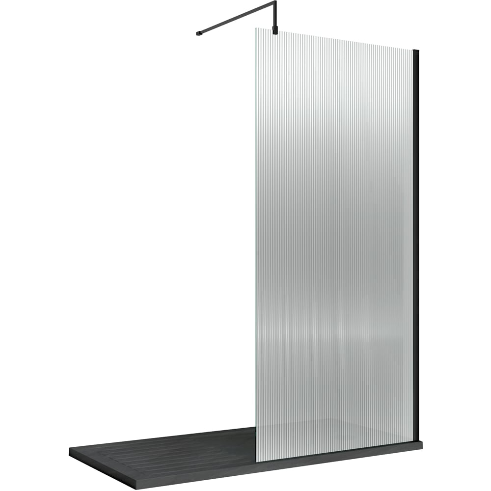 nuie Matt Black Fluted Wetroom Screen with Support Bar 1850 x 900mm