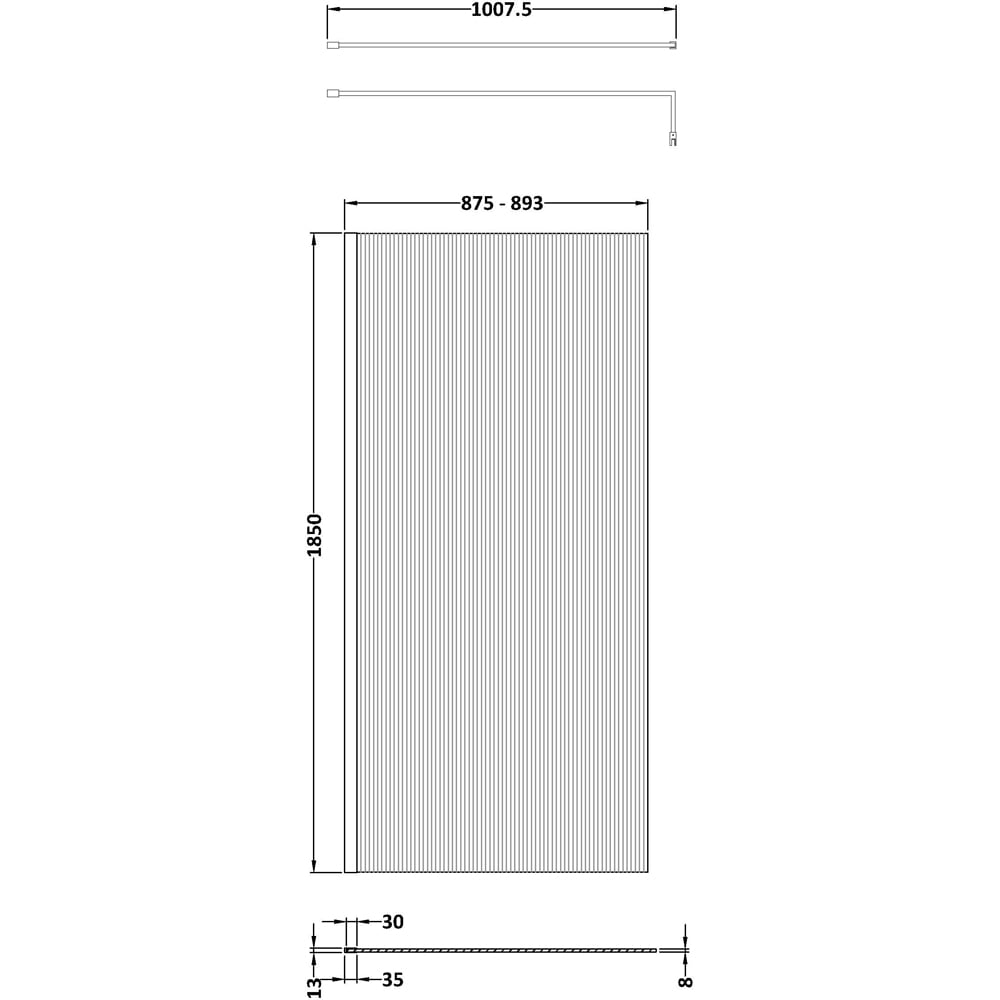 nuie Matt Black Fluted Wetroom Screen with Support Bar 1850 x 900mm