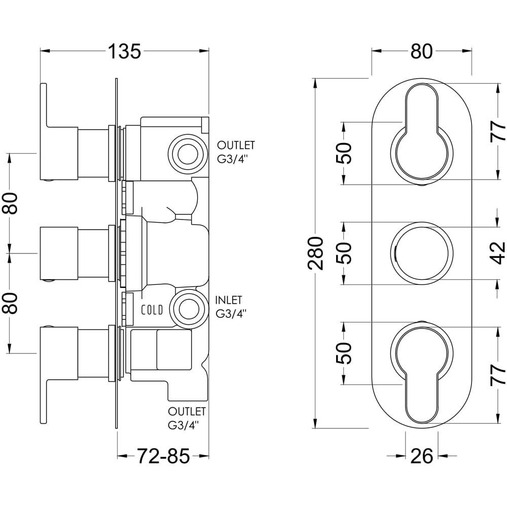 nuie Arvan Brushed Brass Triple Thermostatic Valve with Diverter