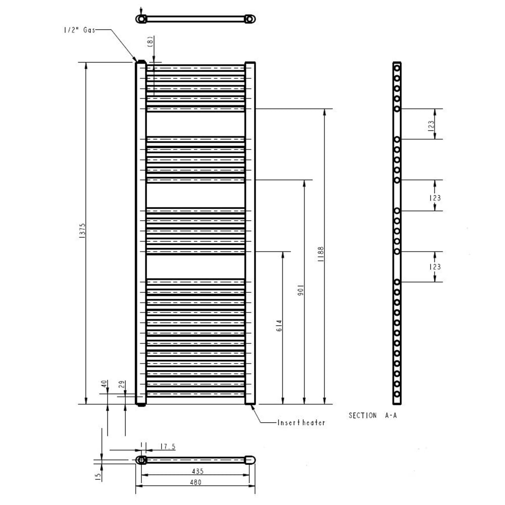 nuie Anthracite 750W Round Electric Towel Rail 1375 x 480mm