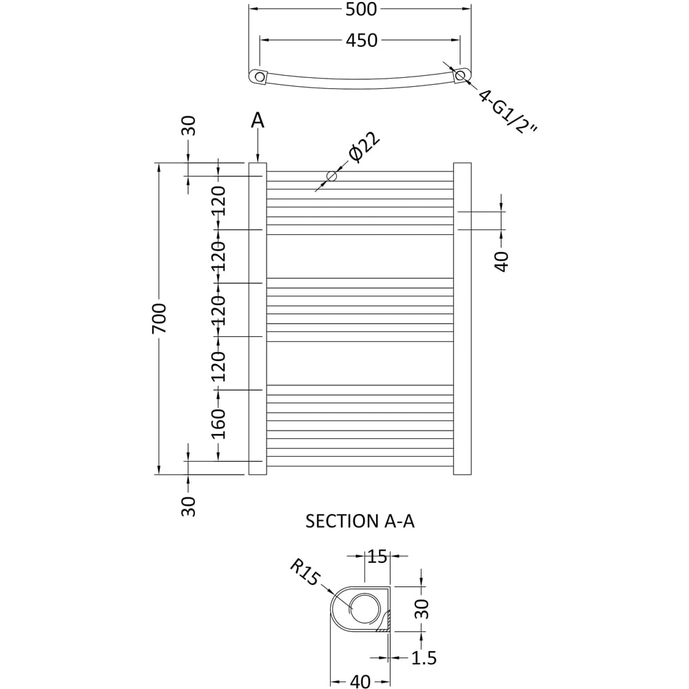 nuie Anthracite Curved Ladder Rail 700 x 500mm