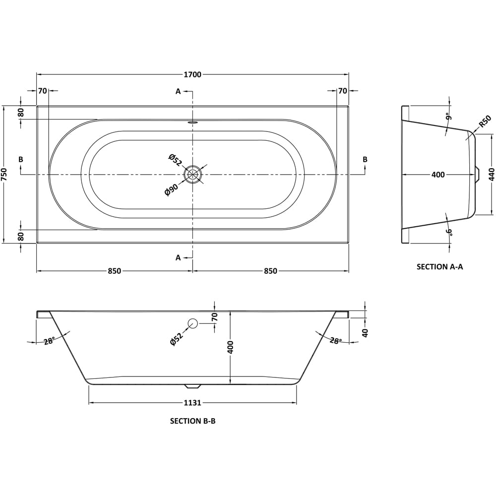 nuie Round Double Ended Bath and Leg Set 1700 x 750mm