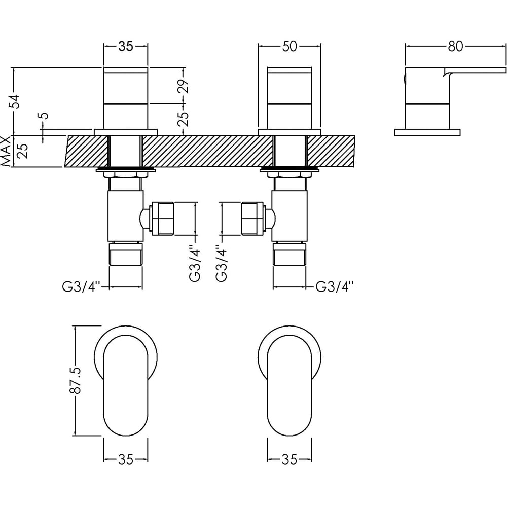 nuie 3/4 inch Chrome Pair of Side Valves