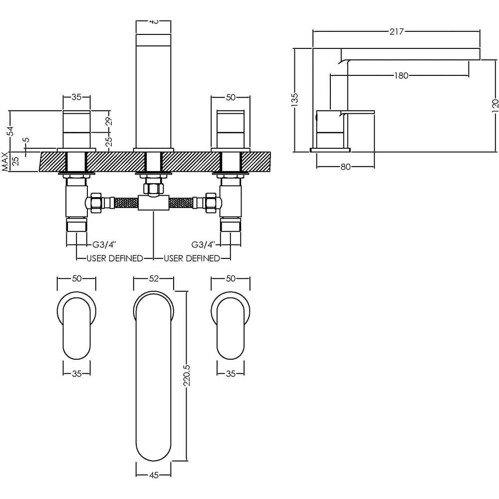nuie Chrome Deck Mounted 3 Tap Hole Bath Filler