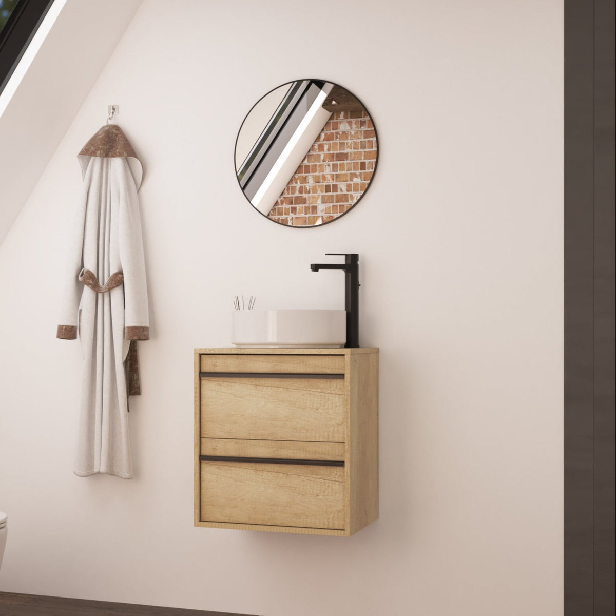 Mattila Noir 500mm Wall Hung Vanity Unit with Matt Black Handles - Rustic Oak