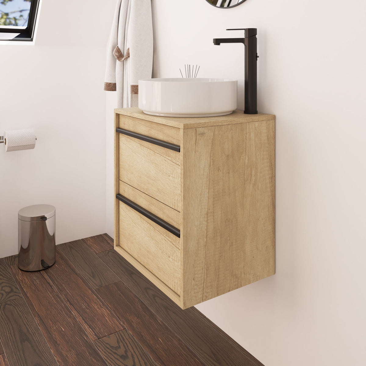 Mattila Noir 500mm Wall Hung Vanity Unit with Matt Black Handles - Rustic Oak