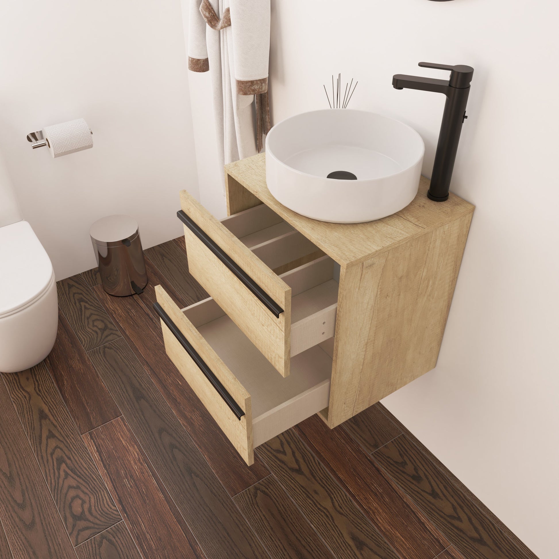 Mattila Noir 500mm Wall Hung Vanity Unit with Matt Black Handles - Rustic Oak