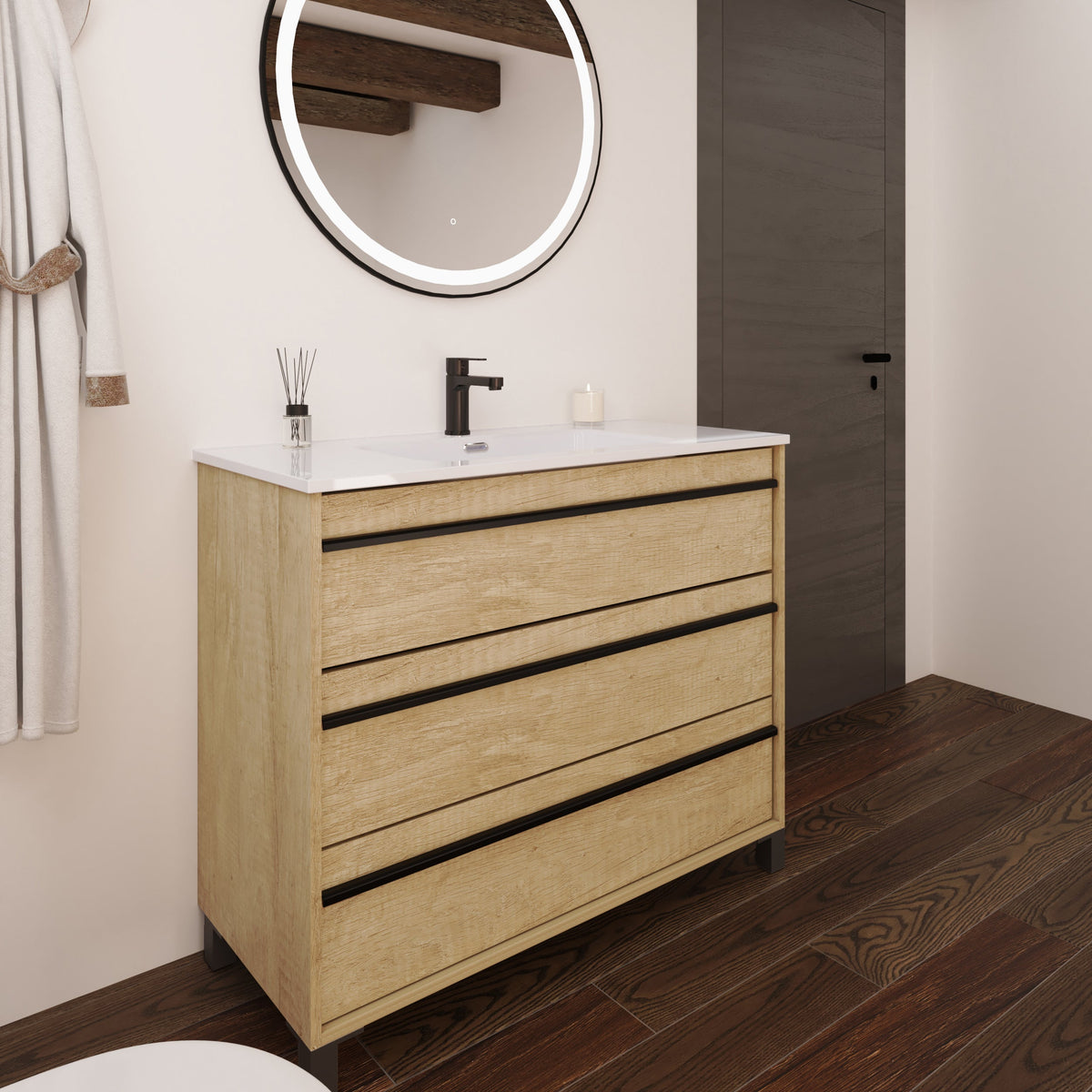 Mattila Noir 1000mm Floorstanding Vanity Unit with Matt Black Handles - Rustic Oak