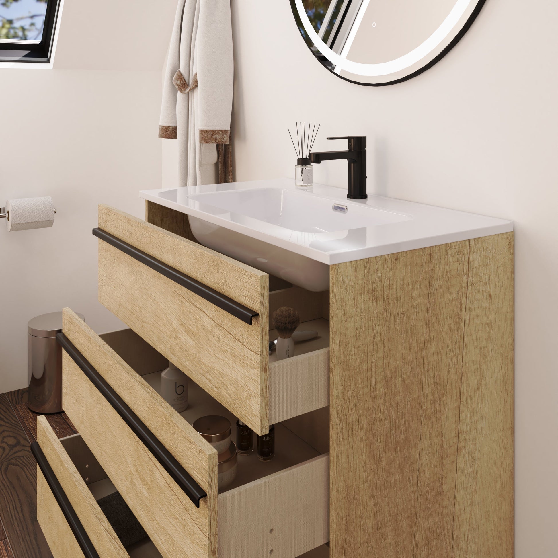 Mattila Noir 600mm Floorstanding Vanity Unit with Matt Black Handles - Rustic Oak