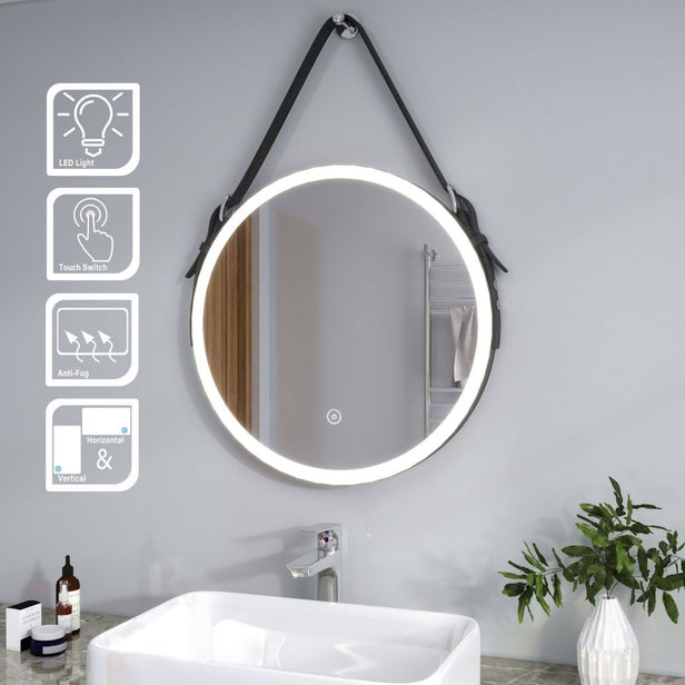 Optim Noir LED Illuminated Round 600mm Black Mirror with Belt & Hanging Peg - Black