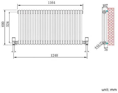 NILE 600x1164mm Horizontal White Traditional Cast Iron Style 2 Column Radiator