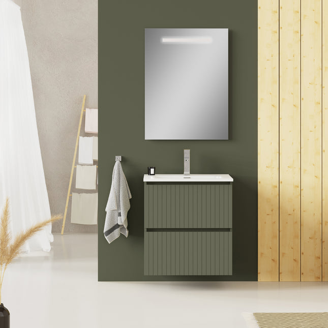 Luxe Muscat Sage Fluted Double Drawer Wall Hung Vanity Unit Including Basin 600mm x 460mm