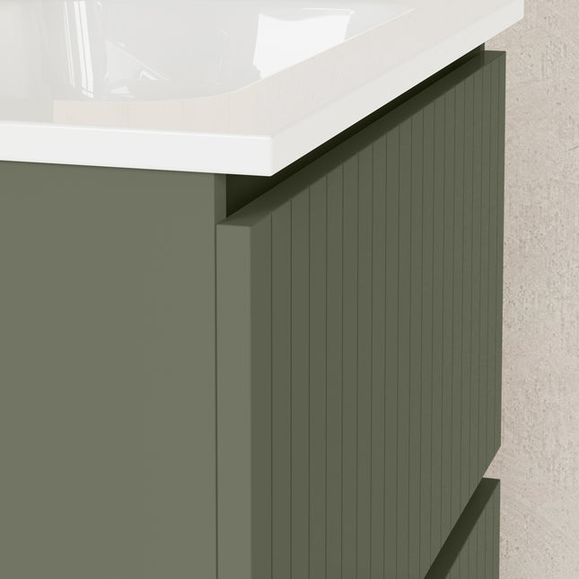 Luxe Muscat Sage Fluted Double Drawer Wall Hung Vanity Unit Including Basin 600mm x 460mm