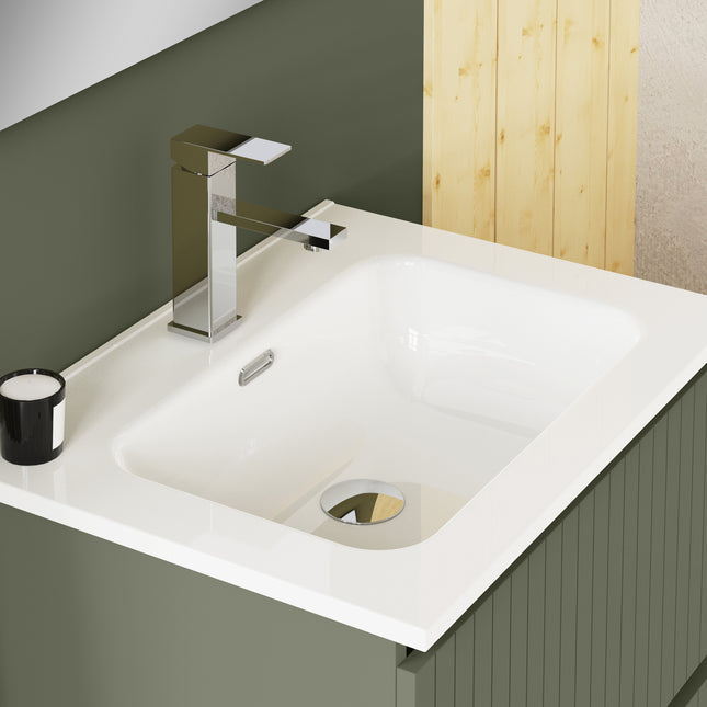 Luxe Muscat Sage Fluted Double Drawer Wall Hung Vanity Unit Including Basin 600mm x 460mm