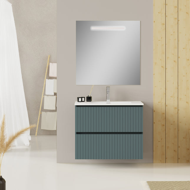Luxe Ocean Blue Fluted Double Drawer Wall Hung Vanity Unit Including Basin 800mm x 460mm