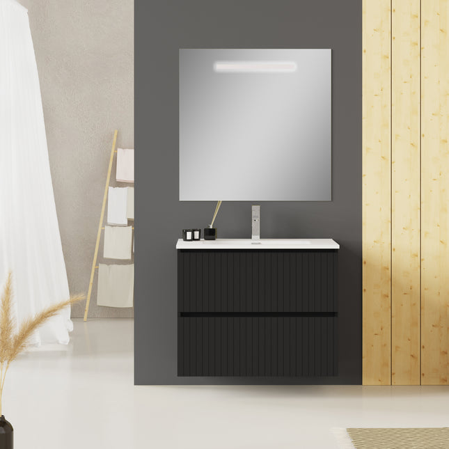 Luxe Matt Black Fluted Double Drawer Wall Hung Vanity Unit Including Basin 800mm x 460mm