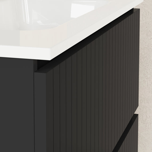 Luxe Matt Black Fluted Double Drawer Wall Hung Vanity Unit Including Basin 800mm x 460mm