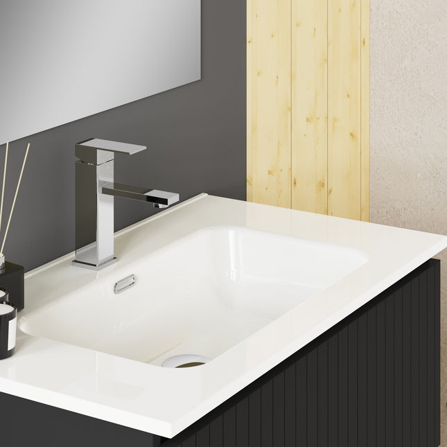 Luxe Matt Black Fluted Double Drawer Wall Hung Vanity Unit Including Basin 800mm x 460mm
