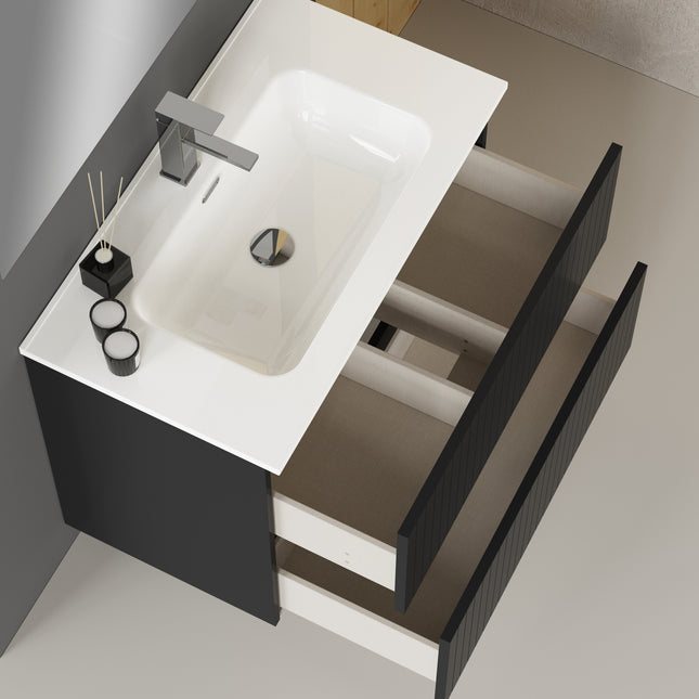 Luxe Matt Black Fluted Double Drawer Wall Hung Vanity Unit Including Basin 800mm x 460mm