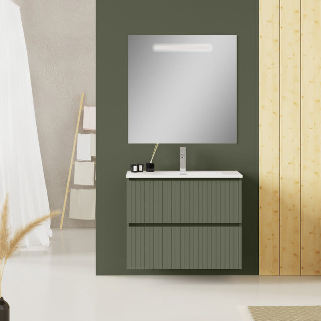 Luxe Muscat Sage Fluted Double Drawer Wall Hung Vanity Unit Including Basin 800mm x 460mm