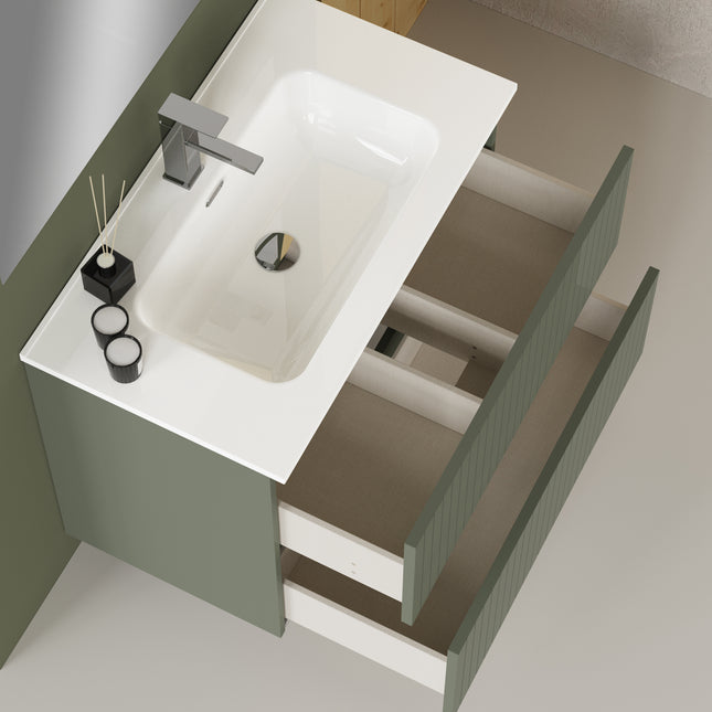 Luxe Muscat Sage Fluted Double Drawer Wall Hung Vanity Unit Including Basin 800mm x 390mm