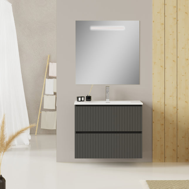 Luxe Matt Grey Fluted Double Drawer Wall Hung Vanity Unit Including Basin 800mm x 460mm
