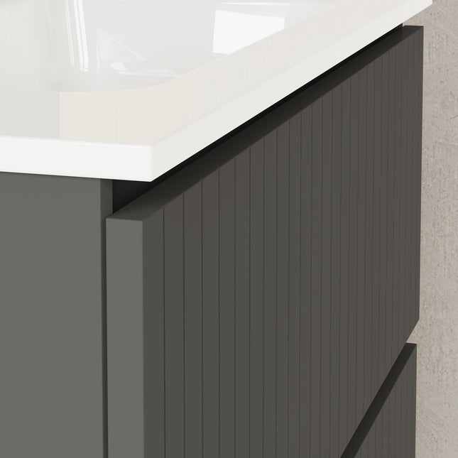 Luxe Matt Grey Fluted Double Drawer Wall Hung Vanity Unit Including Basin 800mm x 390mm