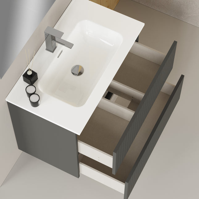 Luxe Matt Grey Fluted Double Drawer Wall Hung Vanity Unit Including Basin 800mm x 460mm