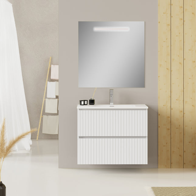Luxe Matt White Fluted Double Drawer Wall Hung Vanity Unit Including Basin 800mm x 460mm