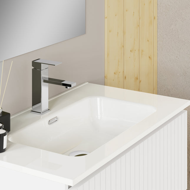 Luxe Matt White Fluted Double Drawer Wall Hung Vanity Unit Including Basin 800mm x 390mm