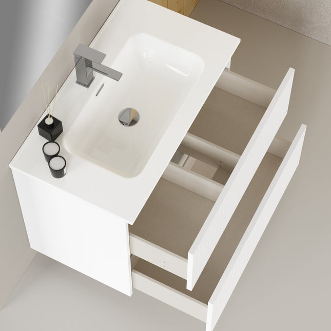 Luxe Matt White Fluted Double Drawer Wall Hung Vanity Unit Including Basin 800mm x 390mm