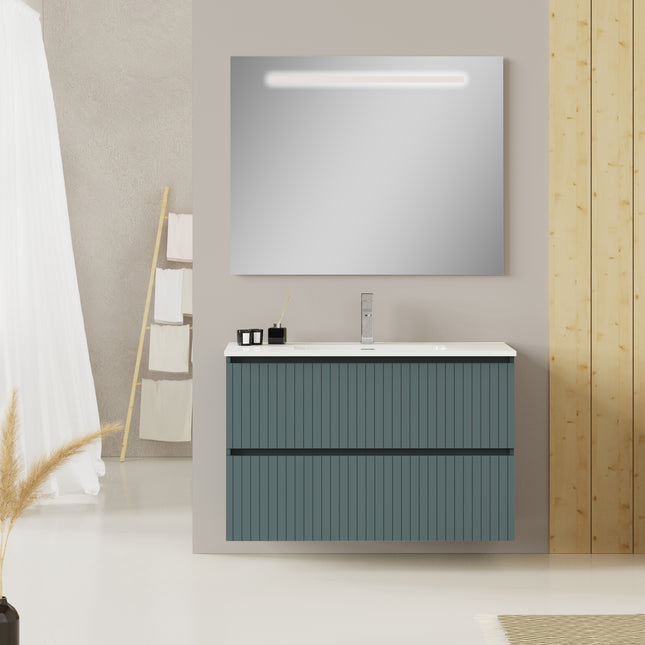 Luxe Ocean Blue Fluted Double Drawer Wall Hung Vanity Unit Including Basin 1000mm x 390mm