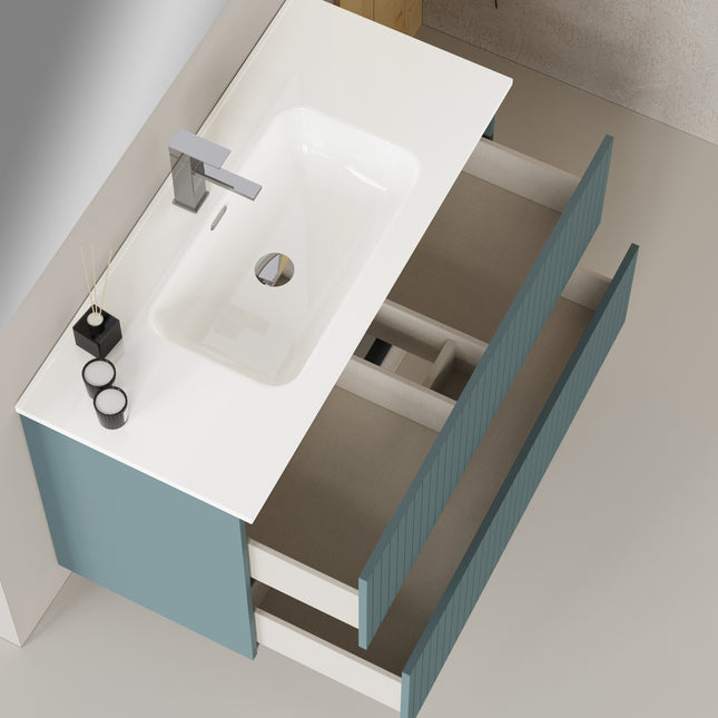 Luxe Ocean Blue Fluted Double Drawer Wall Hung Vanity Unit Including Basin 1000mm x 460mm