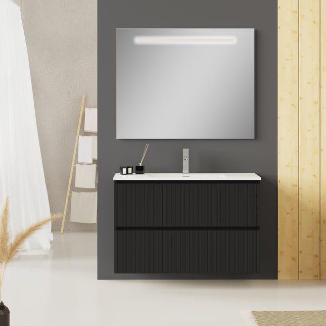 Luxe Matt Black Fluted Double Drawer Wall Hung Vanity Unit Including Basin 1000mm x 390mm