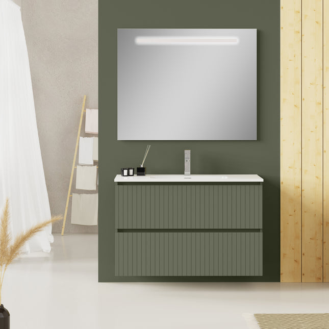 Luxe Muscat Sage Fluted Double Drawer Wall Hung Vanity Unit Including Basin 1000mm x 460mm